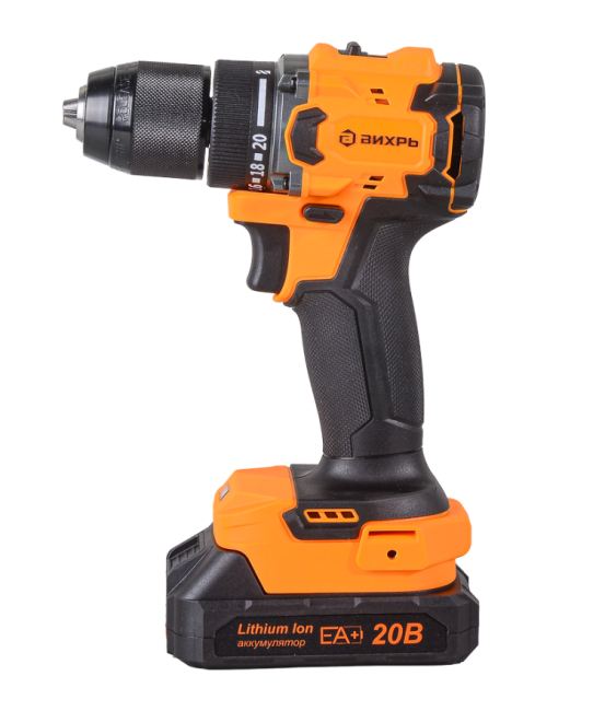Дрель-шуруповерт аккумуляторная Вихрь ДА-20Л-2К/БП (2,0 А/ч) (бесщеточный двигатель, 70Нм) в Казани Дрель-шуруповерт аккумуляторная Вихрь ДА-20Л-2К/БП (2,0 А/ч) (бесщеточный двигатель, 70Нм) в Казани
