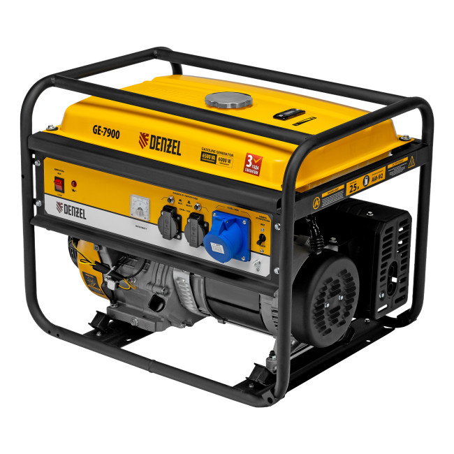 Генератор бензиновый GE 7900, 6.5 кВт, 220 В/50 Гц, 25 л, ручной пуск Denzel в Казани