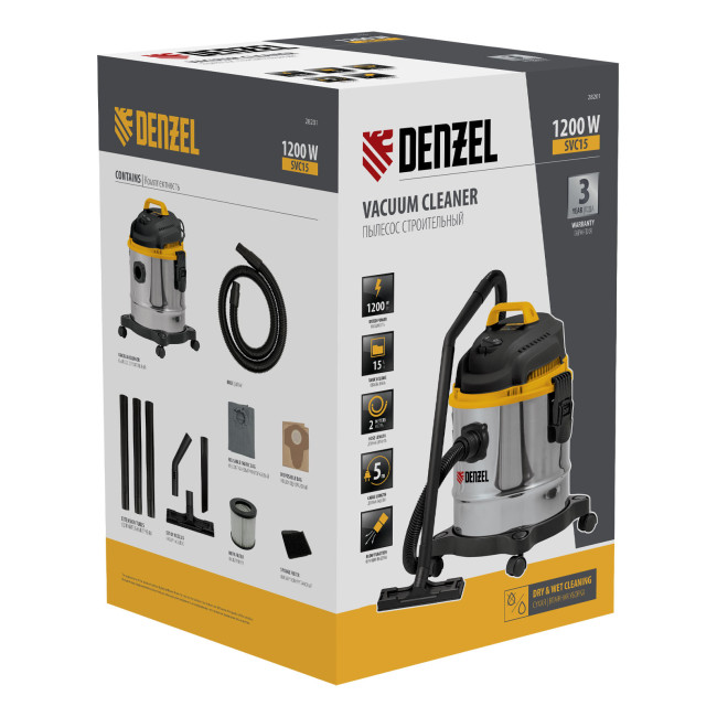 Пылесос строительный SVC15, 1200 Вт, бак 15 л, шланг 2 м Denzel в Казани