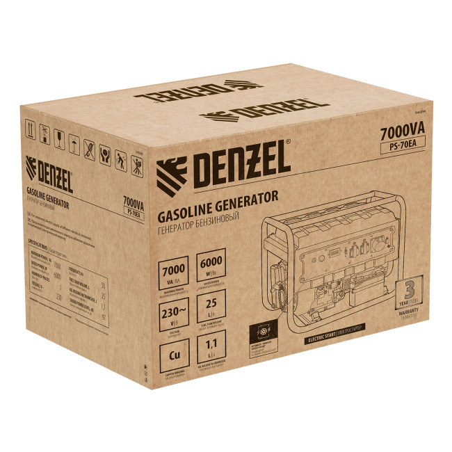 Генератор бензиновый PS 70 EA, 7.0 кВт, 230 В, 25 л, коннектор автоматики, электростартер Denzel в Казани