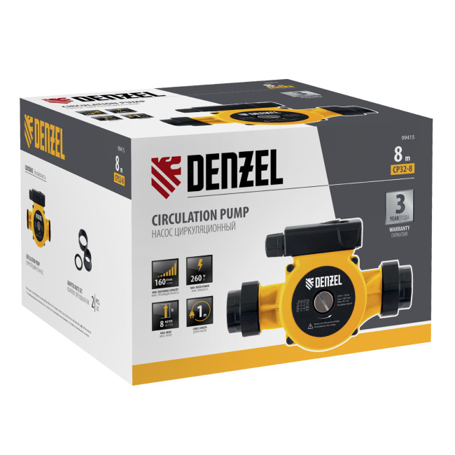 Циркуляционный насос CP32-8, напор 8 м, 160 л/мин, 1 м кабель, монт. длина 180 мм Denzel в Казани