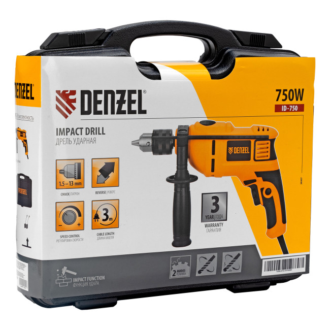 Дрель ударная ID-750, 750 Вт, 0-3000 об/мин, 48000 уд/мин Denzel в Казани