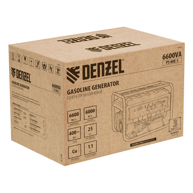 Генератор бензиновый PS 80 E-3, 6.6 кВт, 400 В, 25 л, электростартер Denzel в Казани Генератор бензиновый PS 80 E-3, 6.6 кВт, 400 В, 25 л, электростартер Denzel в Казани