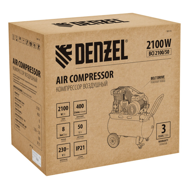 Компрессор воздушный рем. привод BCI 2100/50, 2,1 кВт, 50 литров, 400 л/мин Denzel в Казани