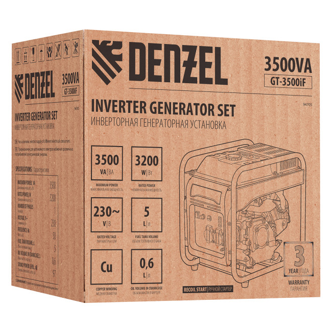 Генератор инверторный GT-3500iF, 3.5 кВт, 230 В, бак 5 л, открытый корпус, ручной старт Denzel в Казани