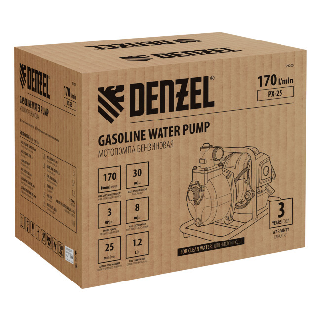 Мотопомпа бензиновая для чистой воды PX-25, 52 см3, 1", 170 л/мин, глуб 8 м, напор 30 м Denzel в Казани