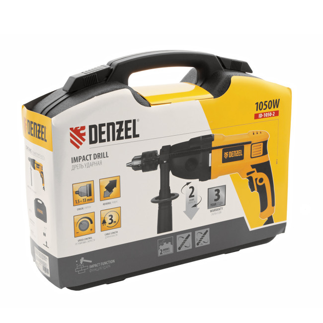 Дрель ударная ID-1050-2, 1050 Вт, 0-3000/0-1100 об/мин, 0-48000/0-17600 уд/мин, 2 скорости Denzel в Казани