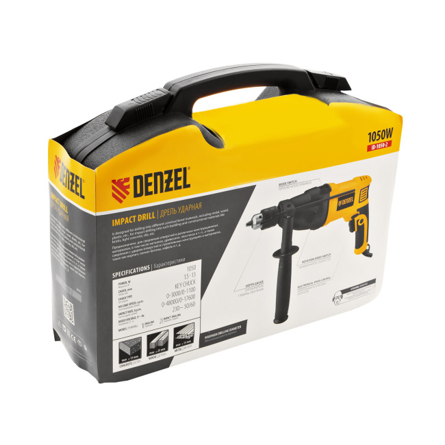 Дрель ударная ID-1050-2, 1050 Вт, 0-3000/0-1100 об/мин, 0-48000/0-17600 уд/мин, 2 скорости Denzel в Казани