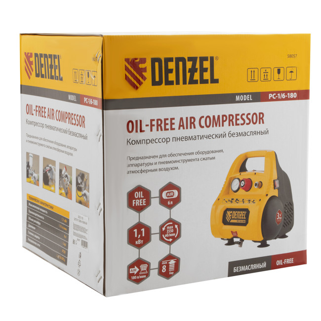 Компрессор воздушный безмасляный РС 1/6-180,1, 1 кВт, 180 л/мин, 6 л Denzel в Казани