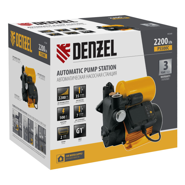 Насосная станция PS500C, 500 Вт, напор 35 м, 2200 л/ч, ресивер 2 л, блок управления Denzel в Казани