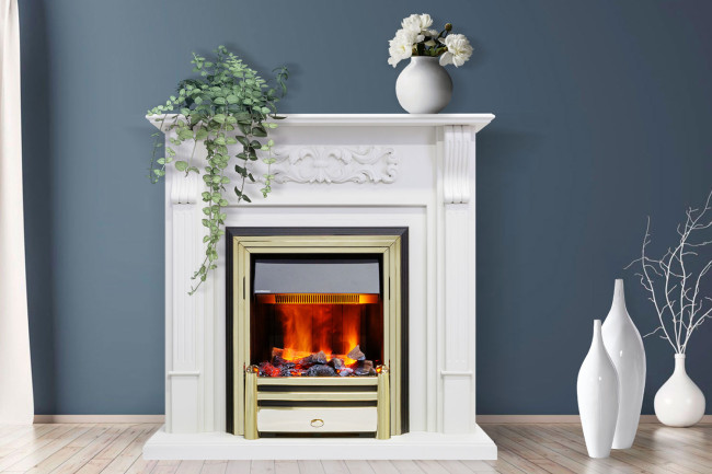 Каминокомплект Venice - Фактурный белый с очагом Brookline Black в Казани