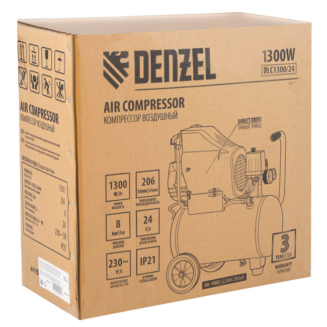 Компрессор воздушный DLC1300/24 безмасляный 1.3 кВт, 24 литра, 206 л/мин Denzel в Казани Компрессор воздушный DLC1300/24 безмасляный 1.3 кВт, 24 литра, 206 л/мин Denzel в Казани