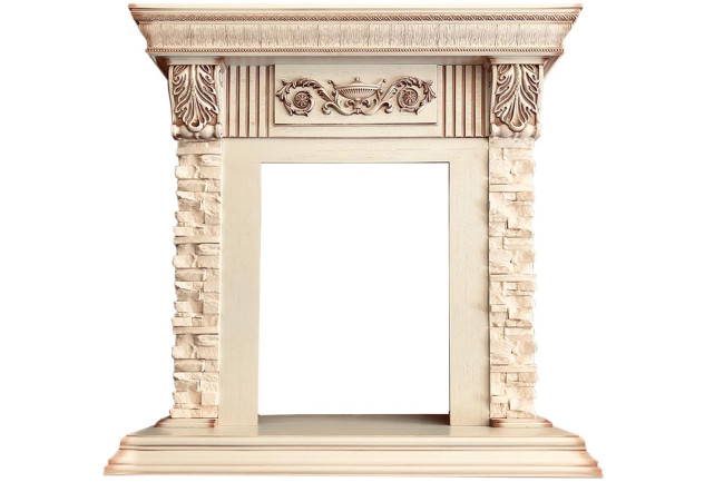 Каминокомплект Luxemburg (каменный) - Сланец/Cлоновая кость с патиной с очагом Aspen Gold в Казани