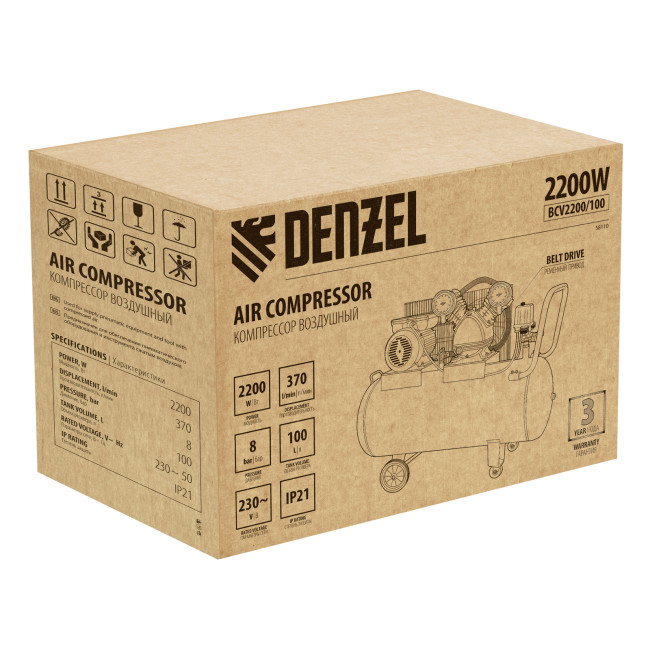 Компрессор воздушный BCV2200/100, ременный привод, 2.2 кВт, 100 литров, 370 л/мин Denzel в Казани