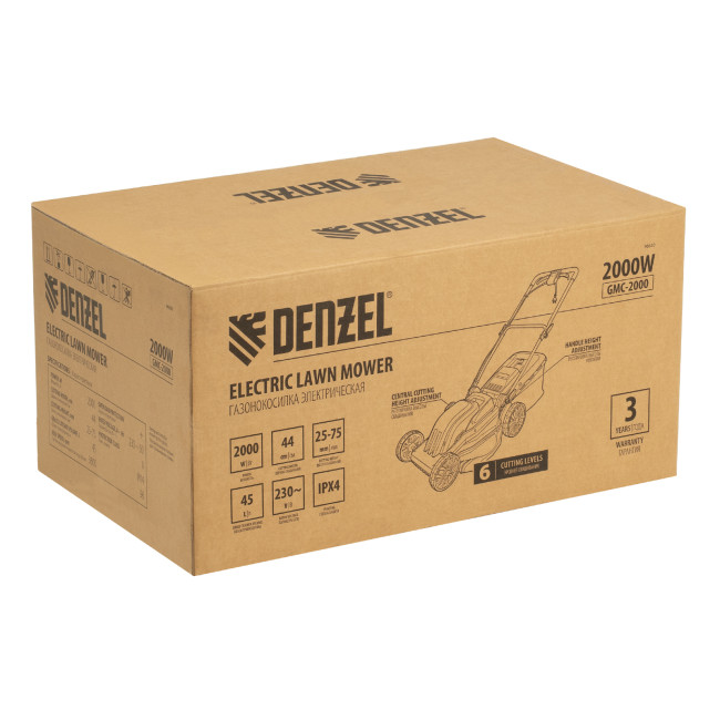 Газонокосилка электрическая GMC-2000, шир. 44см, 2000 Вт, 6 уров., травосб. 45 л Denzel в Казани Газонокосилка электрическая GMC-2000, шир. 44см, 2000 Вт, 6 уров., травосб. 45 л Denzel в Казани