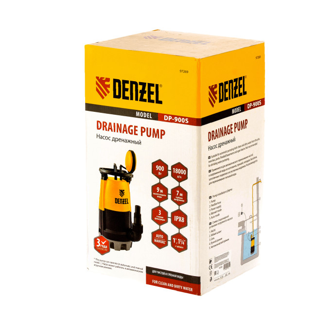 Дренажный насос для чистой и грязной воды DP900S, 900 Вт, напор 9 м, 18000 л/ч Denzel в Казани