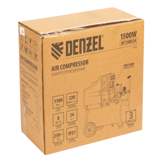 Компрессор воздушный DC1500/24, прямой привод, 1.5 кВт, 24 литра, 220 л/мин Denzel в Казани