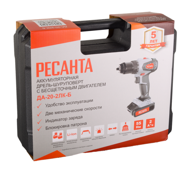 Дрель-шуруповерт аккумуляторная Ресанта ДА-20-2ЛК-Б (2,0 А/ч) (бесщеточный двигатель) в Казани Дрель-шуруповерт аккумуляторная Ресанта ДА-20-2ЛК-Б (2,0 А/ч) (бесщеточный двигатель) в Казани