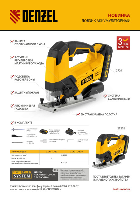 Лобзик аккумуляторный CJ-80-0, 18В Li-Ion Denzel в Казани