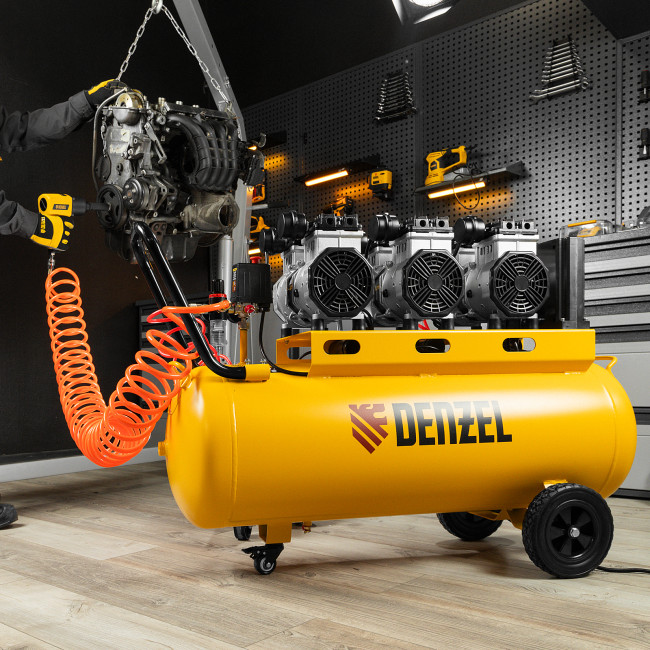 Компрессор безмасляный, малошумный DLS 3300/100, 3300 Вт,3x1100, 100 л, 570 л/мин ,блок управления Denzel в Казани