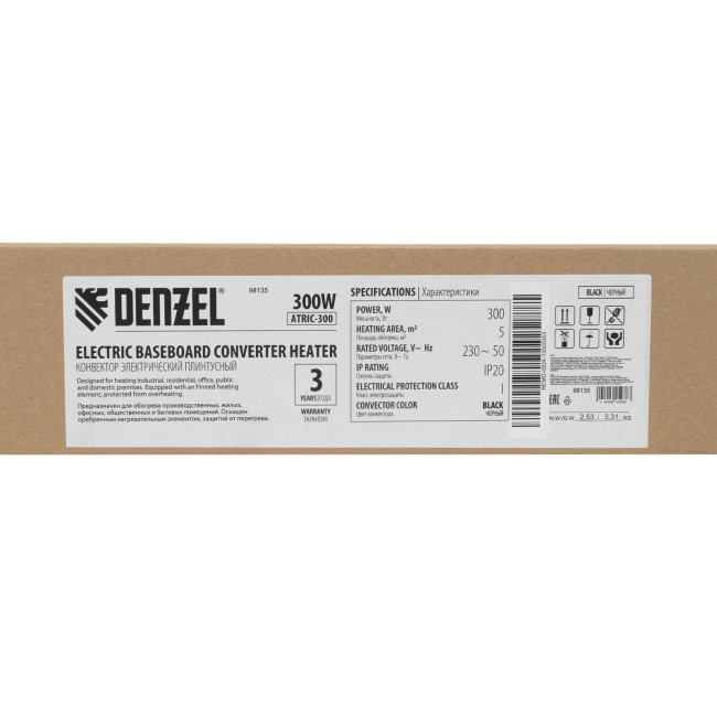 Конвектор электрический плинтусный ATRIC-300, 230 В, 300 Вт, ТЭН, черный Denzel в Казани
