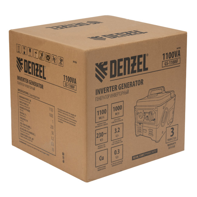 Генератор инверторный GS-1100iF, 1,1 кВт, 230 В, ручной старт DENZEL в Казани