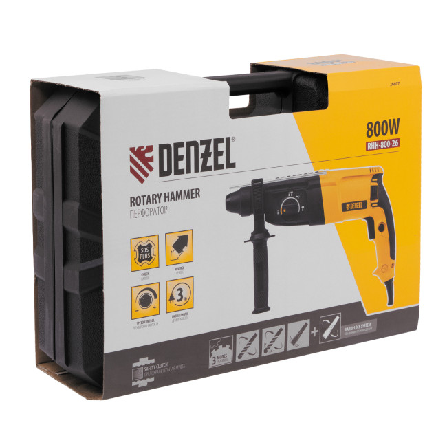 Перфоратор электрический RHH-800-26, SDS-plus, 800 Вт, 3 Дж, 3 плюс 1 реж. Denzel в Казани Перфоратор электрический RHH-800-26, SDS-plus, 800 Вт, 3 Дж, 3 плюс 1 реж. Denzel в Казани