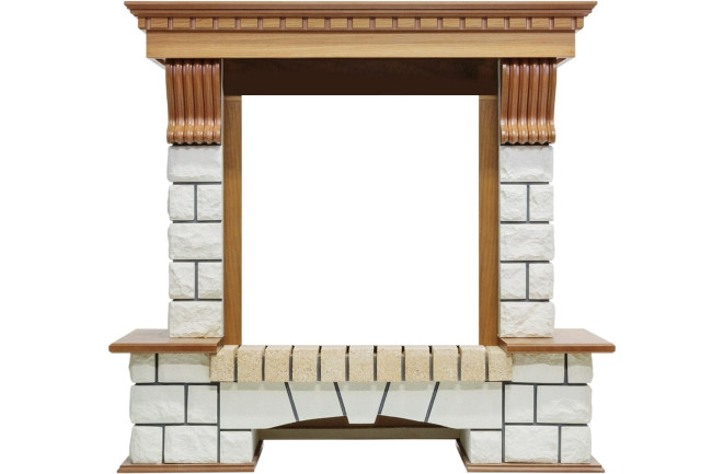 Каминокомплект Pierre Luxe - Дуб / Белый с очагом Aspen Black в Казани