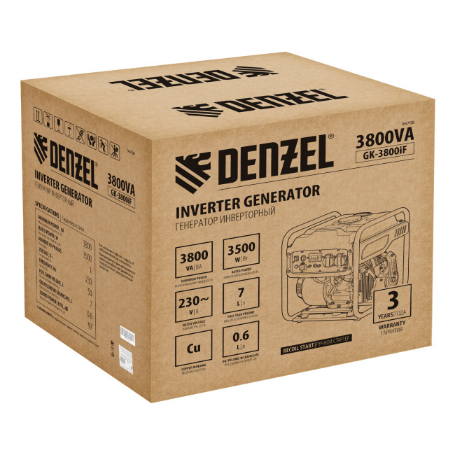 Генератор инверторный GK-3800iF, 3,8 кВт, 230 В, ручной старт DENZEL в Казани