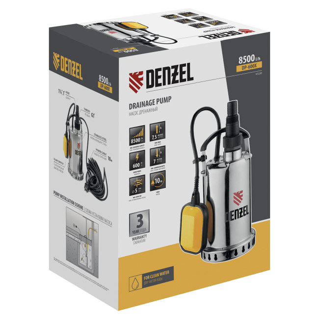 Дренажный насос DP600X, 600 Вт, подъем 7.5 м, 8500 л/ч Denzel в Казани