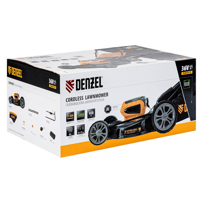Газонокосилка аккумуляторная бесщеточная RLM450-36, Li-ion, 36 В, 4 Ач, 450 мм, травосборник 40 л Denzel в Казани