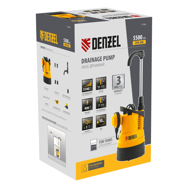 Дренажный насос для чистой воды DPB400, 400 Вт, подъем 11 м, 5500 л/ч Denzel в Казани Дренажный насос для чистой воды DPB400, 400 Вт, подъем 11 м, 5500 л/ч Denzel в Казани
