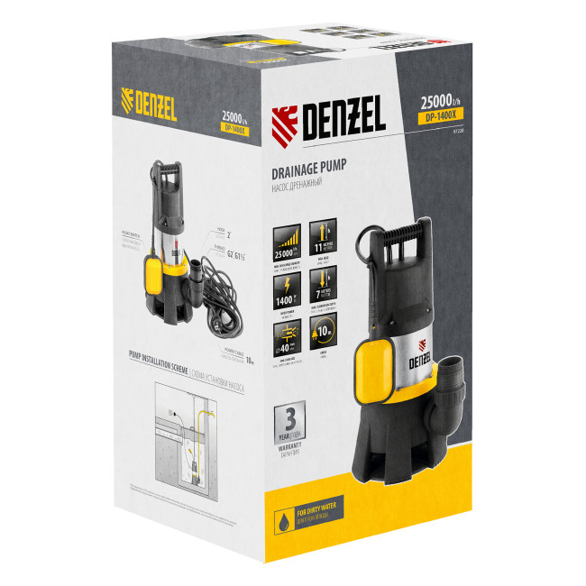 Дренажный насос DP1400X, 1400 Вт, подъем 11 м, 25000 л/ч Denzel в Казани Дренажный насос DP1400X, 1400 Вт, подъем 11 м, 25000 л/ч Denzel в Казани