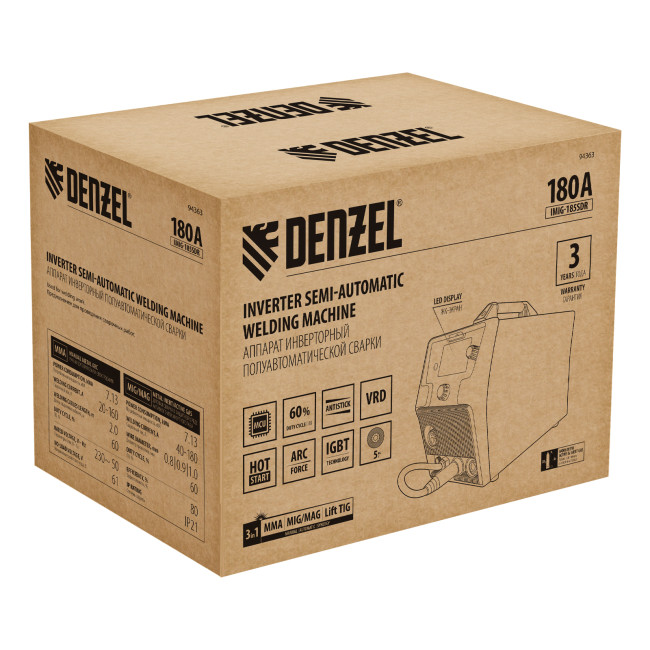 Аппарат инвертор. полуавтомат. cварки IMIG-185SDR, 180 А, ПВ 60%, катушка 5 кг Denzel в Казани Аппарат инвертор. полуавтомат. cварки IMIG-185SDR, 180 А, ПВ 60%, катушка 5 кг Denzel в Казани
