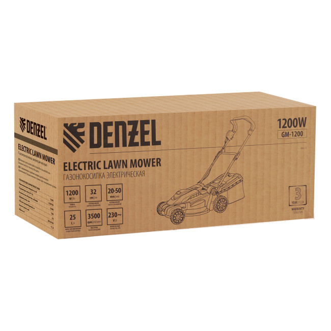 Газонокосилка электрическая GM-1200, 1200 Вт, ширина 32 см, 3 уровня, травосборник 25 л. Denzel в Казани