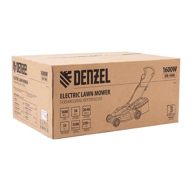 Газонокосилка электрическая GM-1600, 1600 Вт, ширина 36 см, 3 уровя, травосборник 35 л. Denzel в Казани