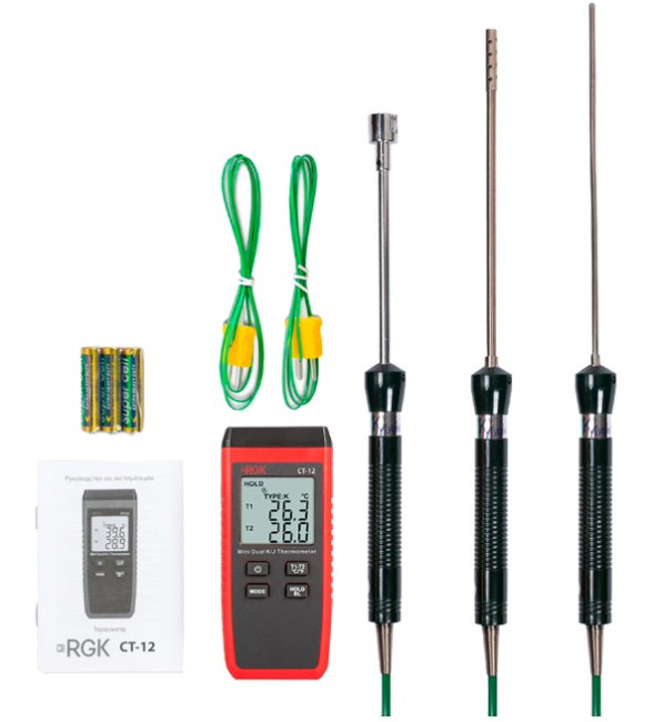 Термометр RGK CT-12 с зондом температуры воздуха TR-10A, поверхностным зондом TR-10S и погружным зондом температуры TR-10W с поверкой в Казани
