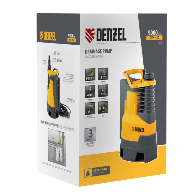 Дренажный насос DPХ450, 450 Вт, подъем 5 м, 9000 л/ч Denzel в Казани