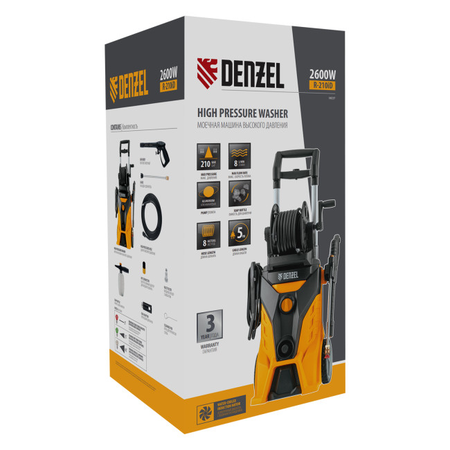Моечная машина высокого давления R-210iD, 2600 Вт, 210 бар, 8.0 л/мин, асинхронный двигатель, барабан Denzel в Казани