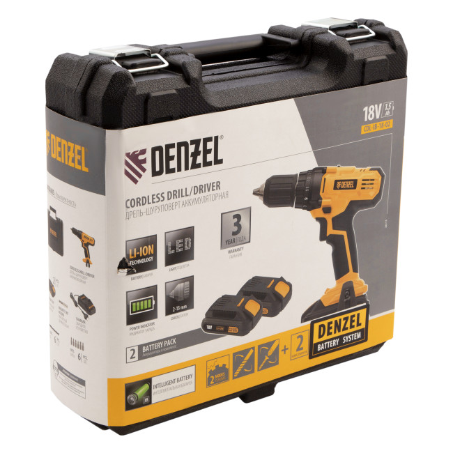 Дрель-шуруповерт аккумуляторная CDL-IB-18-02, Li-Ion, 18 В, 2 акк. Denzel в Казани