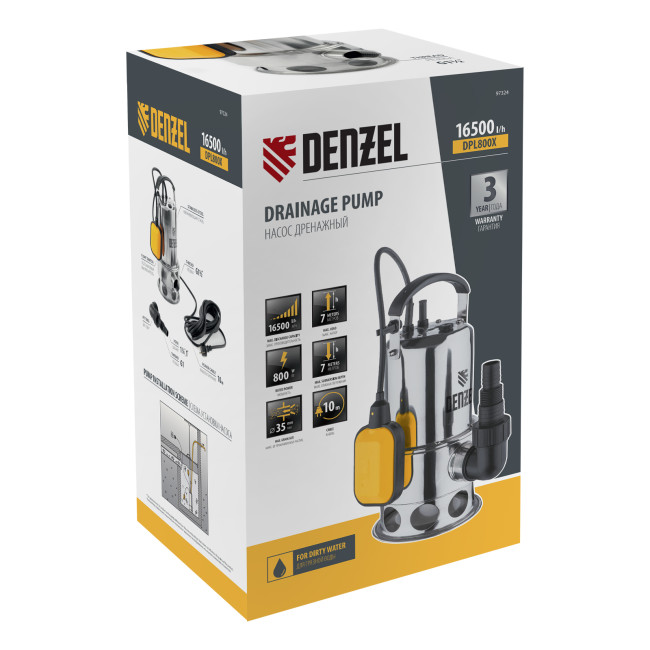 Дренажный насос DPL800X, 800 Вт, подъем 7 м, 16500 л/ч Denzel       в Казани