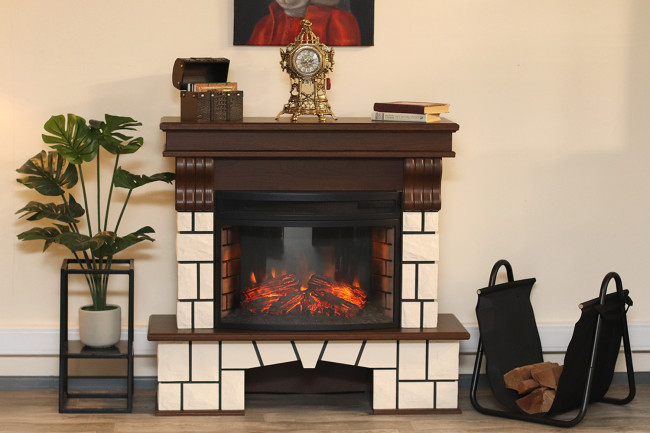 Каминокомплект Porto (Разборный) - Орех каньон/Белый камень с очагом Dioramic 25 LED FX в Казани