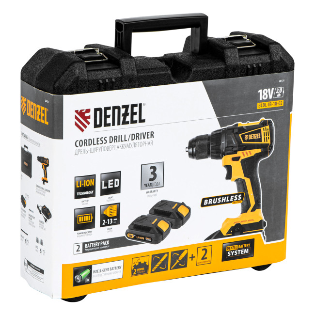 Дрель-шуруповерт аккумуляторная, бесщет. BLDL-IB-18-02, Li-Ion, 18 В, 2 акк. Denzel в Казани
