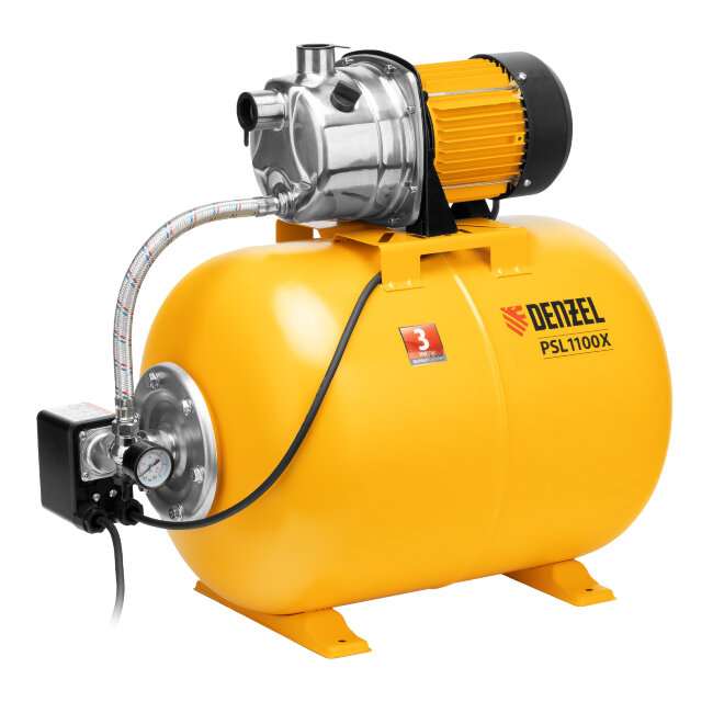Насосная станция PSL1100X, 1100 Вт, 3600 л/ч, ресивер 50 л, подъем 45 м, нержавейка Denzel в Казани