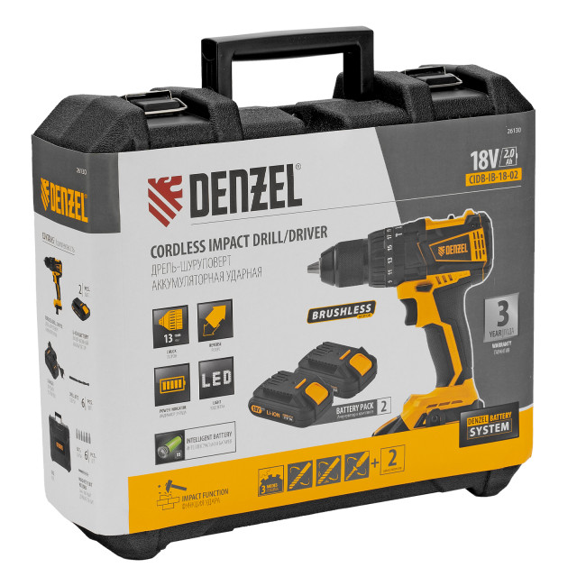 Дрель-шуруповерт аккумуляторная ударная бесщет CIDB-IB-18-02, Li-Ion, 18 В, 2 акк. Denzel в Казани